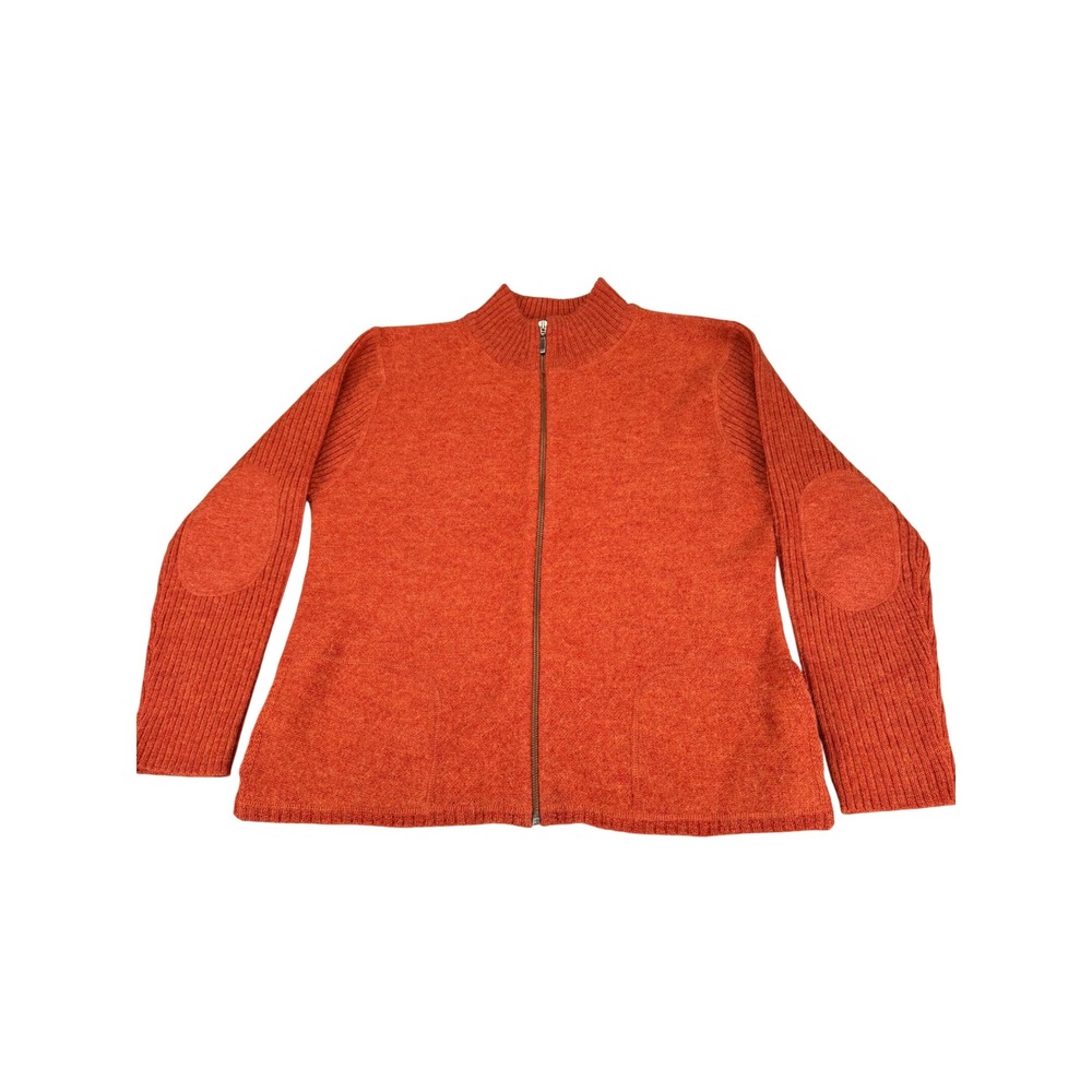 Field Gear Womens 100% Wool Full Zip Cardigan Sweater Orange Elbow Patch Medium